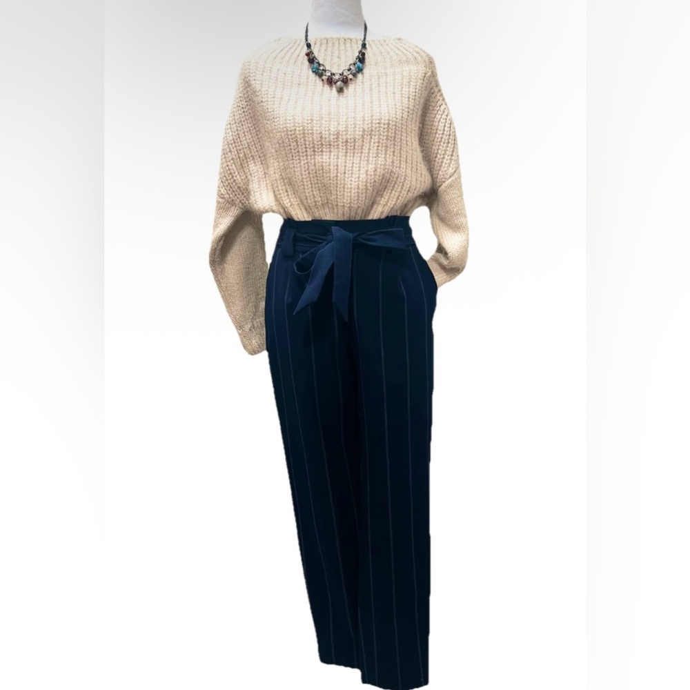 Express Women's Paperbag Tie Waist Navy Blue/White Stripe Dress Pants 2